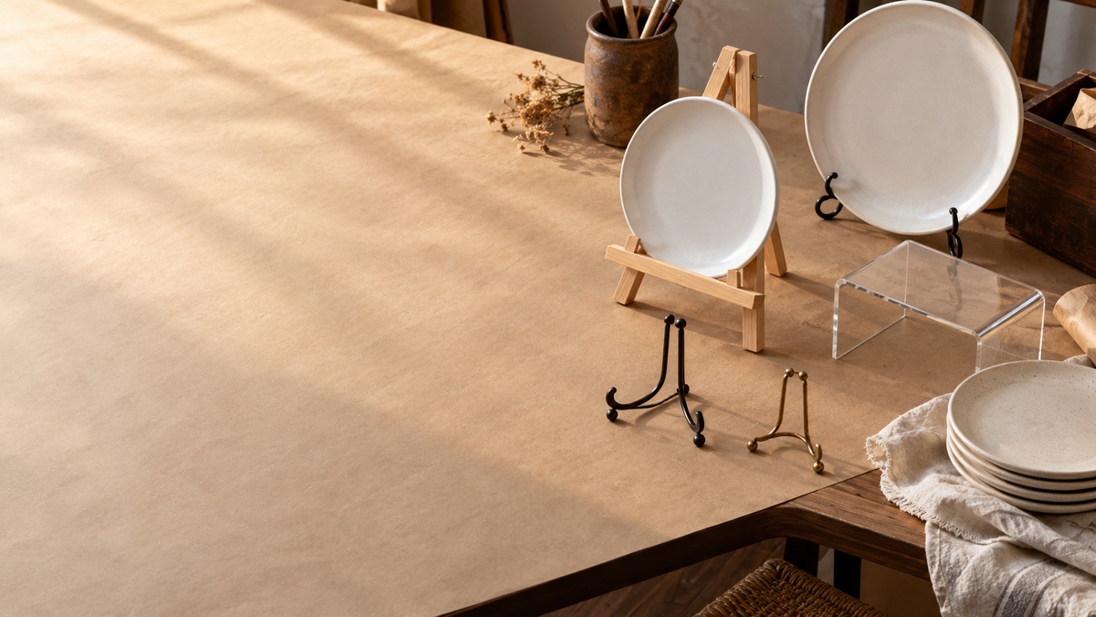 A wooden tabletop easel and metal plate stands holding white plates beside a clear acrylic riser on a paper-covered table.